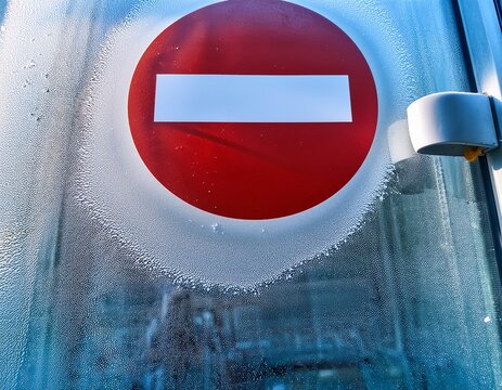frozen office door with no entry sign covered in frost symbolizing hiring freeze and corporate restrictions workplace access denied concept