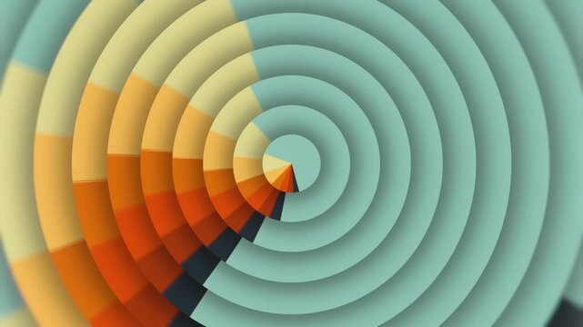Animated background of rotating concentric rings in mint and orange. Seamless radial composition with 3d depth and layers for stylish media projects