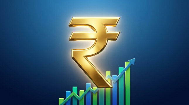 Golden rupee symbol with rising financial growth chart illustrating currency appreciation and economic progress