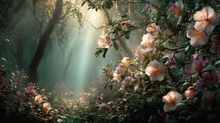 Obraz premium Lush, sunlit spring forest with blooming dogwood and mist among the trees. Use this for fairytales, fantasy scenes, or serene nature themes.