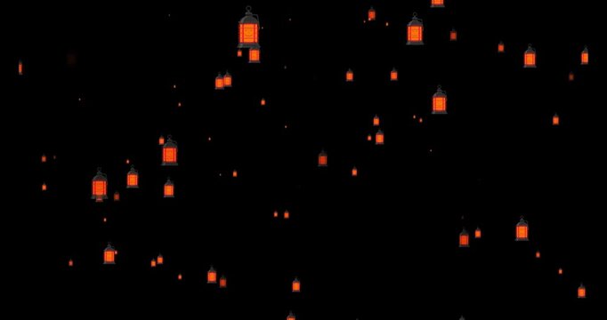 Animated orange lantern icons floating on a black background lamp light glowing motion overlay