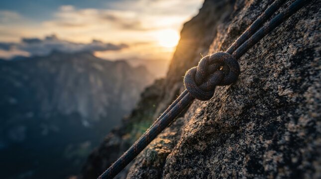 Close-up of a knotted rope on a steep rocky cliff under a sunset sky.
