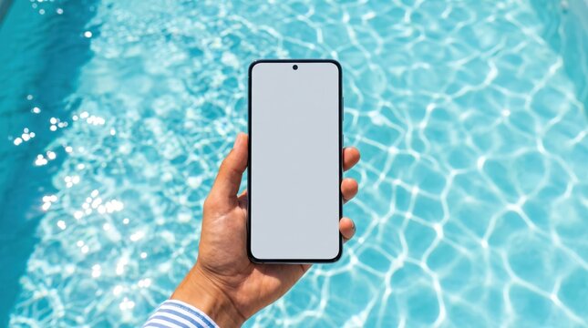 Hand holding blank smartphone screen mockup over sunny blue summer swimming pool water