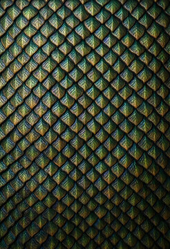 Fantasy texture and dragon scales, iridescent green and gold reptile skin pattern for mythical creature design and organic abstract background surface