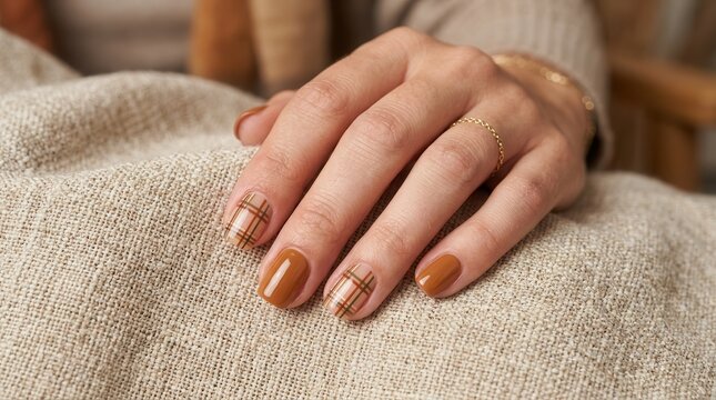 Woman's hand with plaid and solid brown nail polish design. Trendy manicure for autumn fashion, beauty salons, and cozy seasonal self-care concepts.