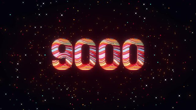Animated 3D number 9000 rotates dynamically while colorful flowing lines and glowing particles move across a futuristic cosmic background with vibrant digital energy.