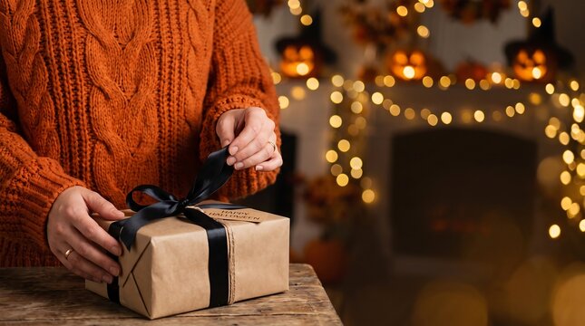 Hands Opening Halloween Gift Box with Orange Bokeh Copy Space