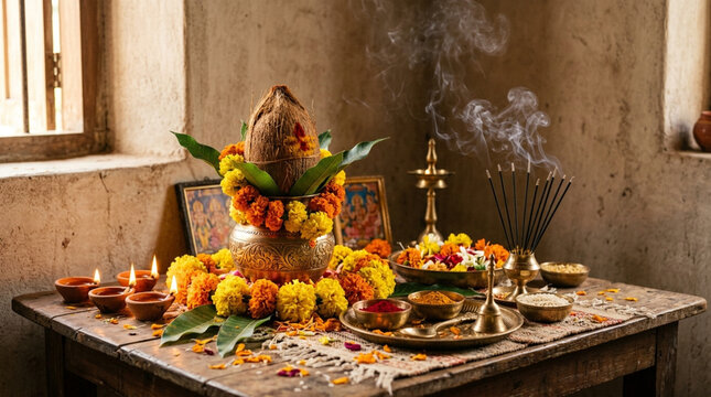 Traditional Hindu ceremonial setup with vibrant flowers and sacred items for spiritual offerings and rituals in a rustic setting