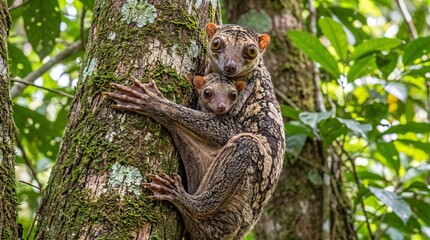 Fototapeta premium Sunda Colugo Mother with Baby in Tropical Forest.