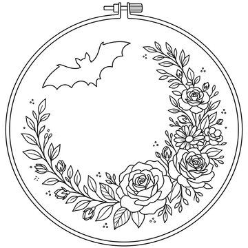 Hand embroidery design of a circular floral wreath made of blooming roses, buds, and daisies with a cute bat resting at the bottom.