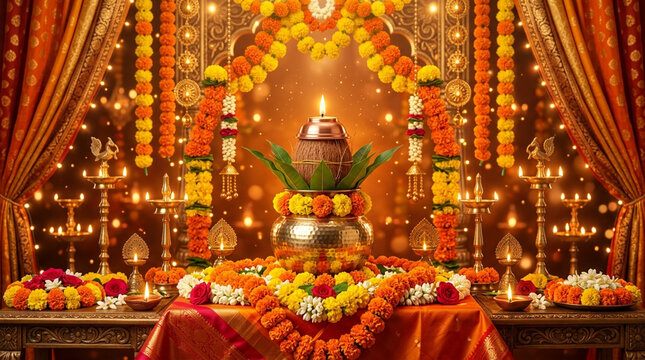 Traditional Indian Decorated Ceremony Setup with Marigolds and Oil Lamps for Festive Celebrations