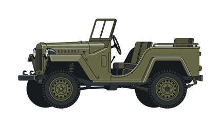 Fototapeta premium Vintage military jeep, side view, flat illustration.