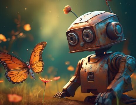 rusty robot stares curiously at a small butterfly