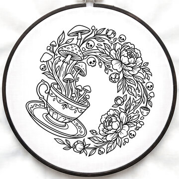 Hand embroidery pattern of magical mushrooms and tiny skulls overflowing from an ornate vintage teacup into a floral wreath.