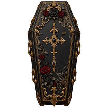 Ornate black gothic coffin decorated with intricate gold filigree, red and dark roses, and delicate spiderwebs