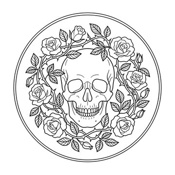 Hand embroidery design of a detailed human skull centered inside a circular frame made of thorny rose branches and buds.