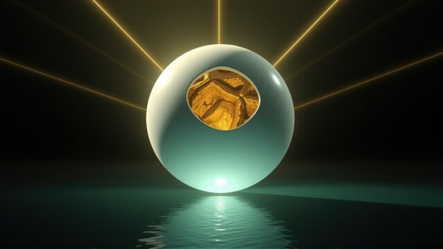 Glowing sphere rests upon water. Golden interior visible through opening. Light rays emanate outward, creating dramatic effect.