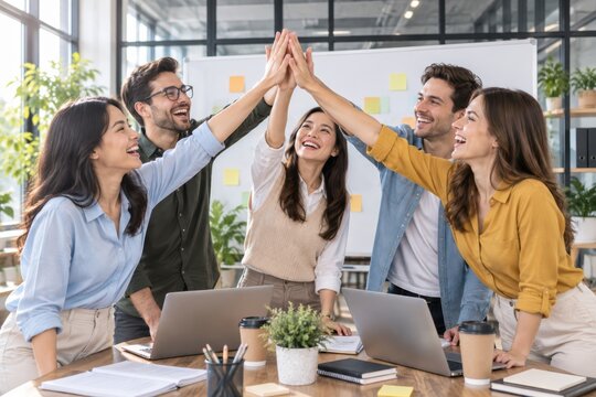 Teamwork High Five: A group of diverse business colleagues celebrates a successful collaboration with a joyous high five, radiating positivity and team spirit in a modern office setting.