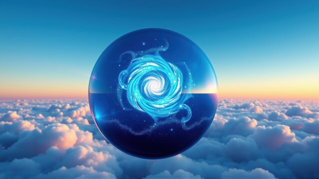 Glowing sphere floats above clouds. Swirling blue energy visible inside, contrasting skys warm hues. Peaceful, ethereal scene.