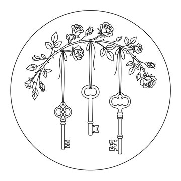 Hand embroidery design of vintage ornate antique keys hanging from a rose floral garland and circle.
