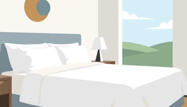 Modern hotel bedroom features a neatly made bed and a large window looking out onto rolling green hills in sunlight.