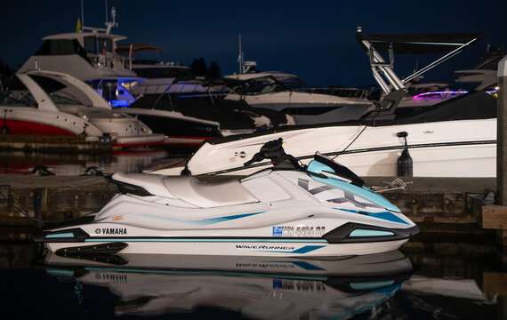 Miami, Florida, USA - August 2, 2024: Yamaha VX 2024 WaveRunner hydrocycle. Summer vacation activity. Water sport activity in summer. Sea beach lifestyle. Vacation on summer. Jet ski on the beach