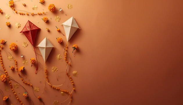 Three decorative paper kites arranged on a plain orange background