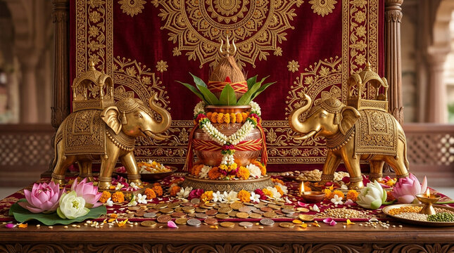 Intricately Decorated Hindu Ritual Altar Featuring Gold Elephant Statues and Sacred Offerings for Traditional Ceremony