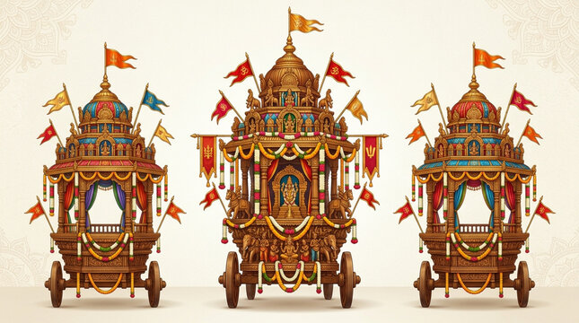 Intricately Decorated Traditional Rajasthani Palki Chariots with Embellished Flags and Ornate Carvings Showcasing cultural
