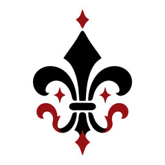 Ornate fleur de lis with red accents and small pointed sparkles, black and red gothic vector icon for royal heraldry, French emblem and tattoo designs. © Marcelino