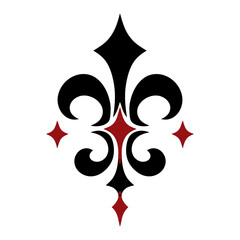 Bold fleur de lis flanked by pointed red diamond gems, black and red gothic vector icon for royal heraldry, French monarchy emblem and tattoo designs. © Marcelino