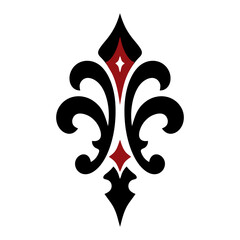 Slender fleur de lis with a red diamond core and sharp pointed tips, black and red gothic vector icon for royal heraldry, emblem, tattoo and sticker designs. © Marcelino