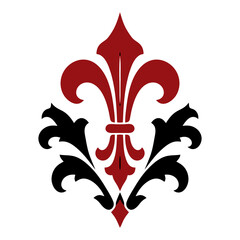 Red fleur de lis rising from curling black acanthus leaves, black and red gothic vector icon for royal heraldry, Victorian ornament and print designs. © Marcelino