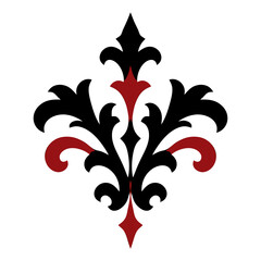 Symmetric damask ornament with a fleur de lis crown and red leaves, black and red gothic vector icon for Victorian wallpaper, print and sticker designs. © Marcelino