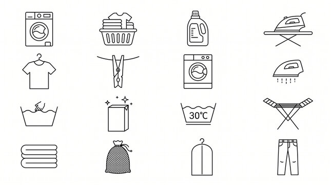 Laundry icon collection set featuring washing and cleaning symbols on white background
