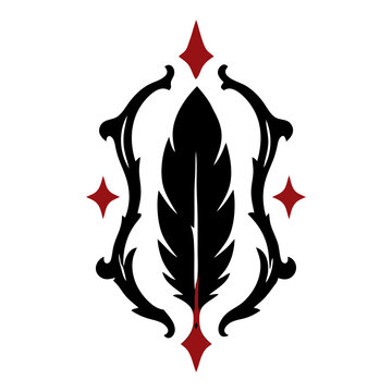 Detailed black feather framed in an ornate gothic crest with red diamonds, black and red vector icon for quill emblem, writer symbol and tattoo designs.