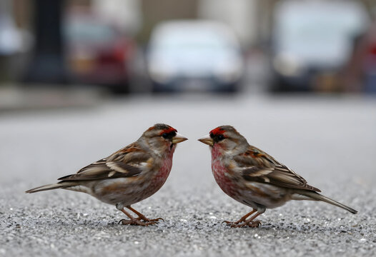 Urban wildlife and nature connection, two common linnets standing on asphalt road with blurred city traffic background in a metropolitan environment