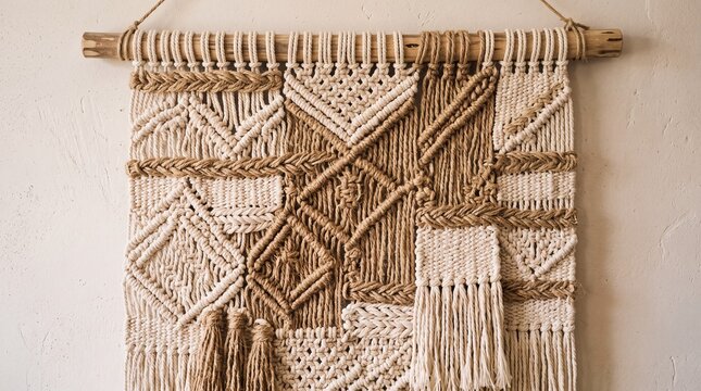 Handcrafted bohemian macrame wall hanging with intricate woven patterns and fringe on a textured wall woven tapestry boho decor wall art