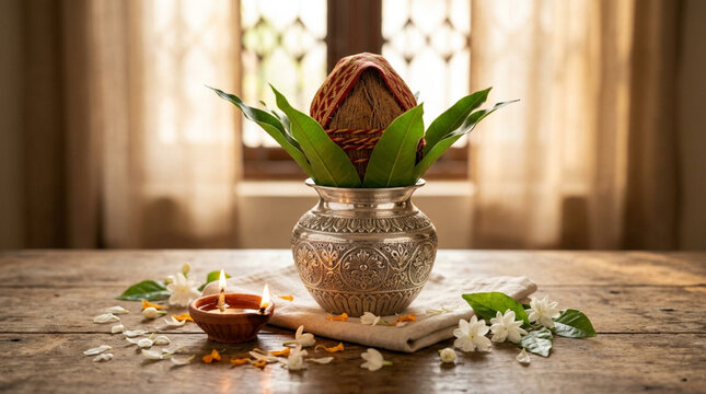 Serene spiritual altar featuring a sacred amulet surrounded by flowers and candles for peaceful meditation and mindfulness