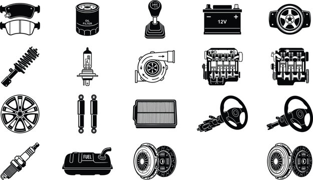 Automotive spare parts silhouette icon collection including brake pad engine battery steering wheel shock absorber and turbine