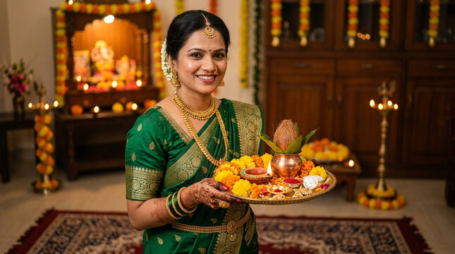 Joyful woman celebrating traditional festival with diya and floral decorations in an indoor setting