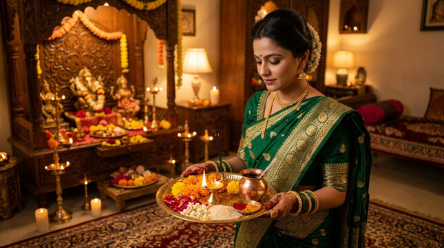 Traditional Indian Goddess Celebrating Rituals with Sacred Offerings in a Warm Decorated Room