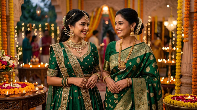 Vibrant traditional Indian festival scene featuring two women in ornate green sarees adorned with gold jewelry celebrating