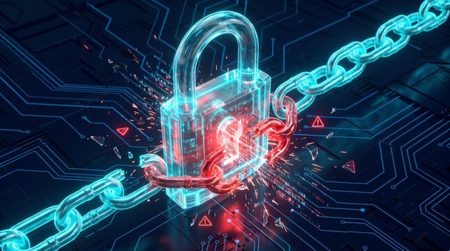 Futuristisches digitales Vorh&auml;ngeschloss mit brechender Kette auf einer leuchtenden Leiterplatte. Konzept f&uuml;r Cyberangriff, Datendiebstahl und Sicherheitsl&uuml;cke in der IT