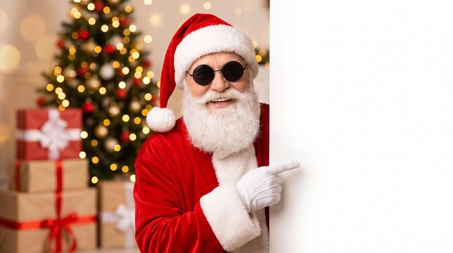 Smiling Santa Claus pointing toward blank advertising banner, promotional seasonal background, spacious copy area