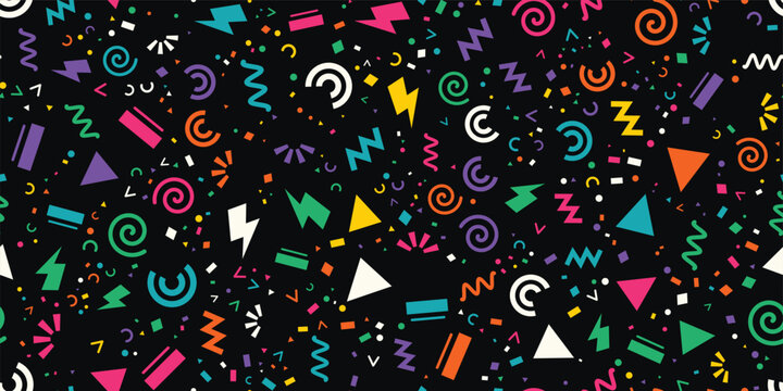 Retro 1990s style seamless pattern featuring colorful geometric shapes, zigzags, spirals, and confetti on a black background for party or fun designs.