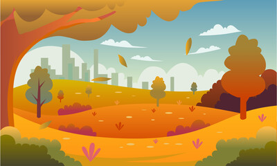 Naklejka premium Autumn Landscape with Colorful Trees, Winding Path and City Skyline in the Background. Romantic Autumn Landscape with Couple Walking Hand in Hand Along a Scenic Country Path