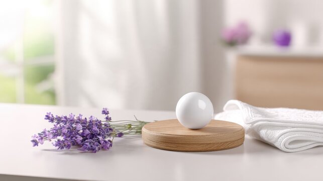 Camphor ball on wooden coaster with cotton cloth and dried lavender