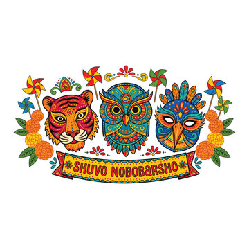 Colorful traditional Bengali Mangal Shobhajatra masks of a tiger owl and bird with festive pinwheels marigolds and Shuvo Nobobarsho banner