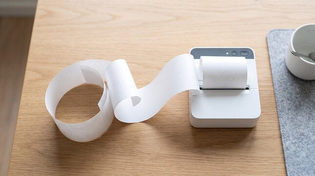 A small white portable thermal printer with a long strip of blank white paper unrolling onto a light wooden desk surface